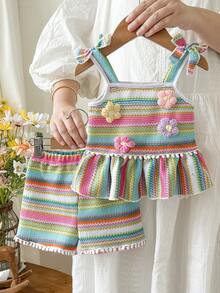 SHEIN 嬰兒/幼童(女孩)黑白針織提花鳳梨圖案吊帶上衣配蝴蝶結&短褲2件組，夏季休閒日常簡單舒適女孩服裝 - 彩色 - 查看 4