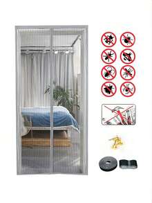 1 Piece Magnetic Closing Screen - Insect-Proof Ventilation, Durable And Sturdy - Pet And Child-Friendly, Suitable For Front Doors And Sliding Doors - Grey - View 2