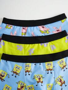 SpongeBob SquarePants | SHEIN 3 pièces/Paquet Slips pour hommes à taille élastique avec imprimé de bandes dessinées - Bleu azur - Voir 5