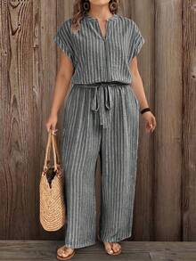 EMERY ROSE Large-Sized Woven Striped Vacation Casual Women's Jumpsuit - Light Grey - View 5