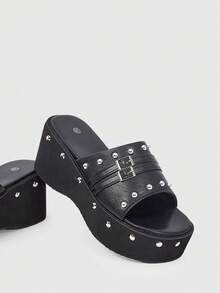 ROMWE Grunge Punk Sandalias de tacón para mujer 2026 nuevas, estilo dulce y fresco con uñas de sauce, suela gruesa, pantuflas tipo muffin, estilo punk de nicho de alta gama, drag - Negro - View 3