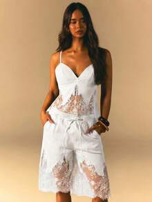 Athîral Denim Women's Fashion Versatile Lace Patchwork Drawstring Waist Pocket Denim Shorts - White - View 2