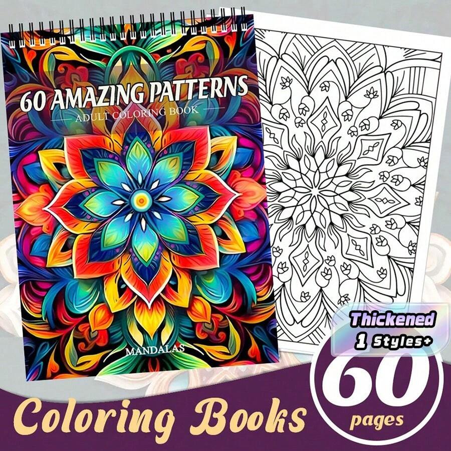Mandala Pattern Adult Coloring Book, Spiral Bound Adult Mandala Coloring Book, A4 Size (11.42 X 8.27 Inches), Single-Sided Printed Pages With Cardboard, Suitable For Women And Men, Adult Coloring Book For Relaxation - Single Piece - View 1
