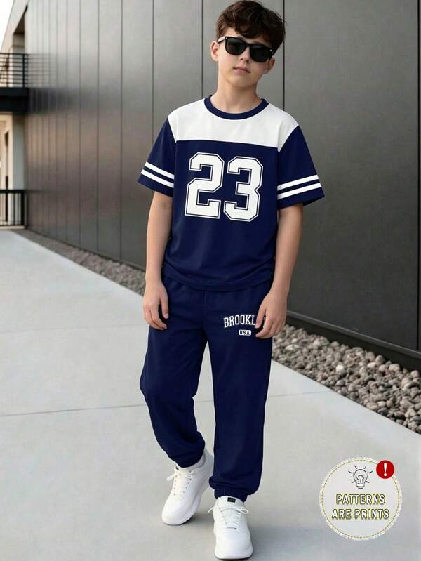 SHEIN Tween Boy Casual Comfortable Fashion Minimalist Simple Personalized Number 23 Graphic Letter Slogan Print Letter Pattern Casual Style Spring Summer Short Sleeve T-Shirt And Long Pants Set Suitable For Outdoor Sports Casual Vacation Wear