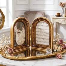 Cirelle 1pc Vintage Double Picture Frame - Folding Arch Photo Frame With Distressed Gold Finish, Retro Resin Art Display Ornaments For Tabletop, Antique French Country Home Decor - gold - View 8