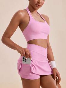 VARSIVA Solid Color Halter-Neck Casual Top And Bottom Women Sports Sets - Pink - View 2