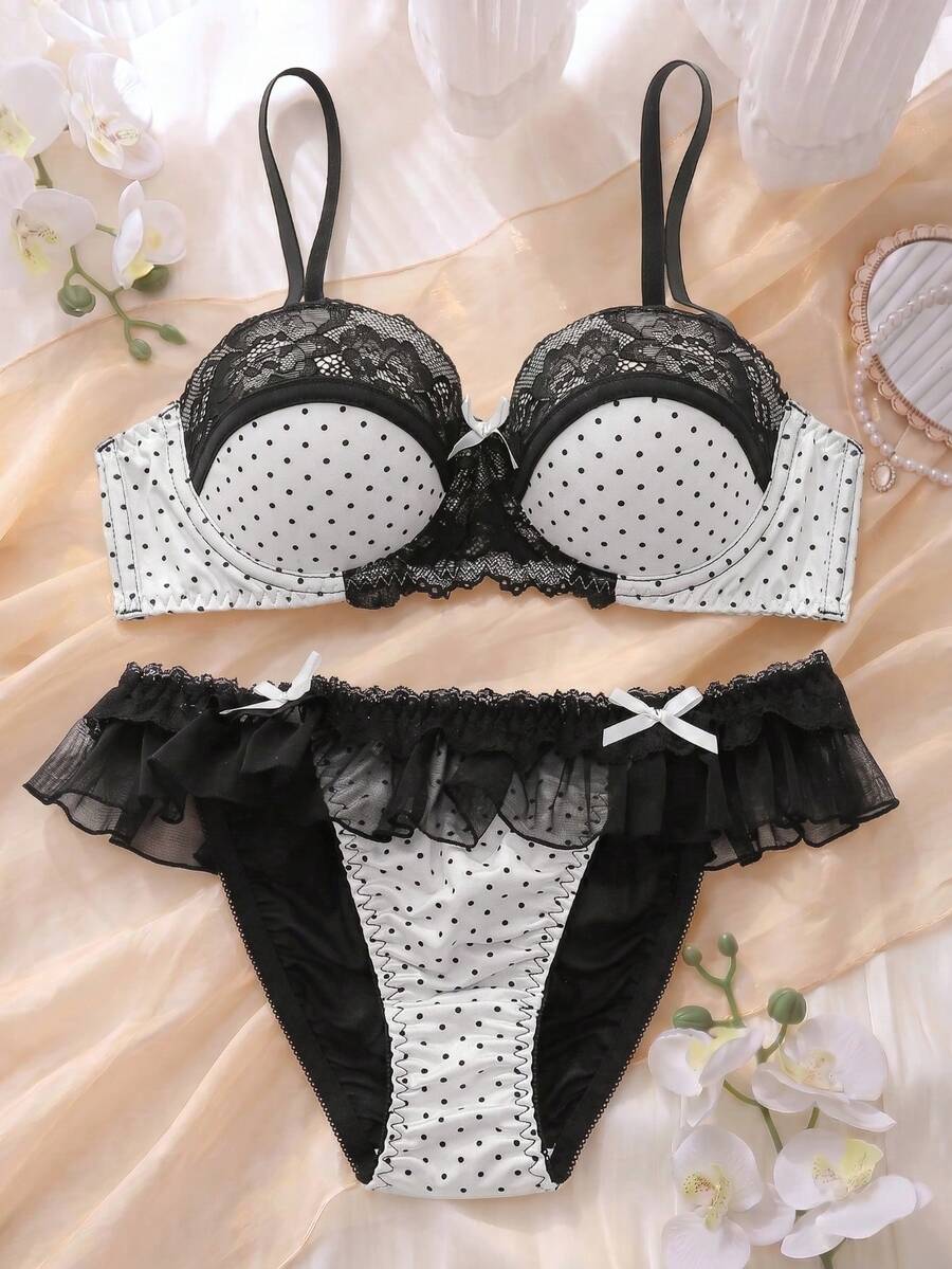 DelicateAllure Polka Dot Mesh Patchwork Lace Lingerie Set - White - View 1
