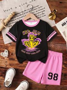 THE POWERPUFF GIRLS X SHEIN GraphicGems 青少年女孩卡通圖案字母印花圓領短袖T恤與休閒短褲夏季休閒套裝 - 黑色 - 查看 6