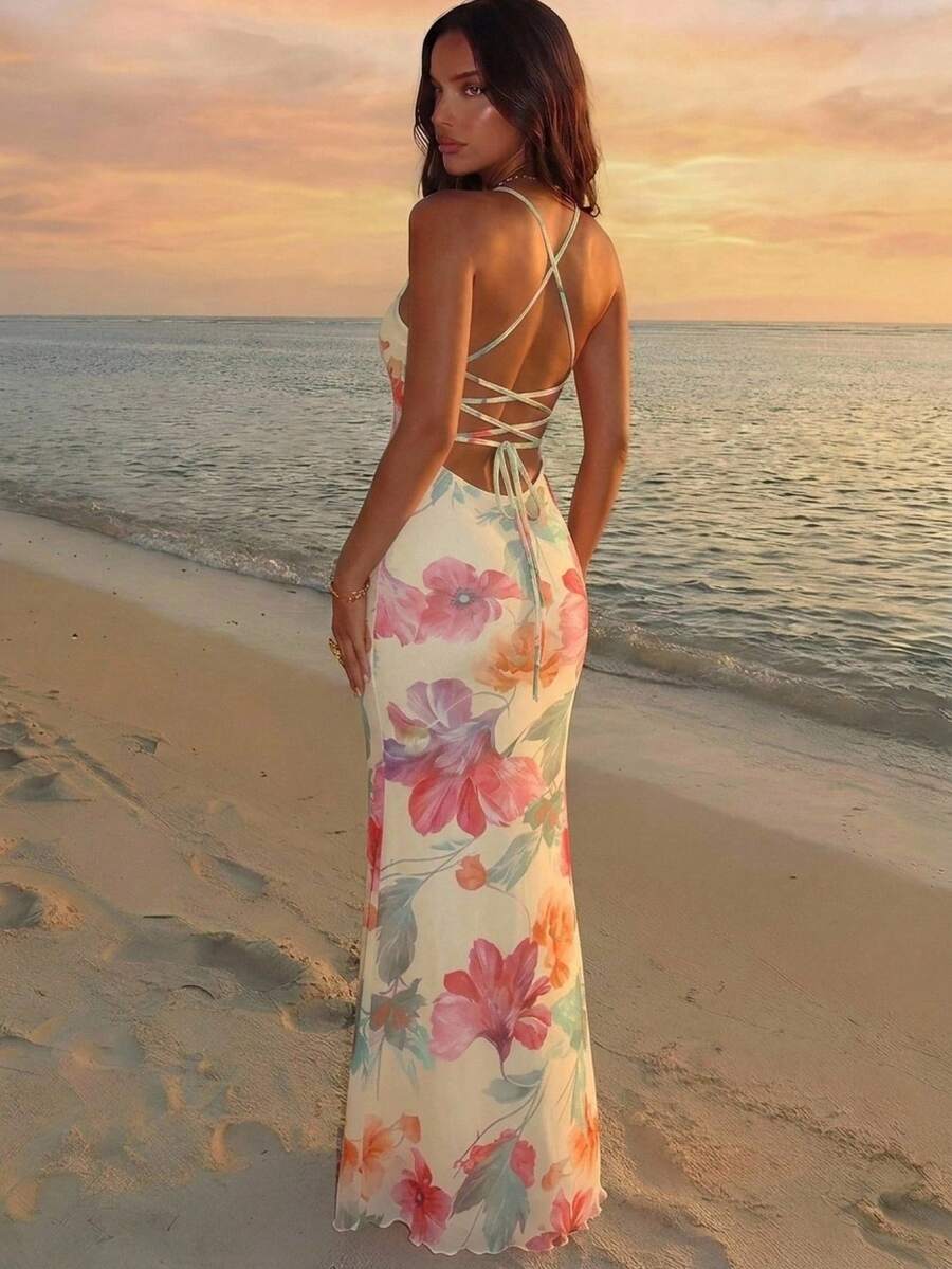 Aloruh 女士优雅花卉印花露背连衣裙