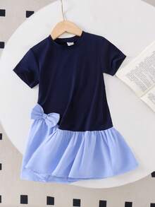 Elladie kids 少女藍色舒適圓領短袖拼接可愛休閒校園風蝴蝶結裝飾洋裝，適合通勤與戶外活動 - 藍色 - 查看 8