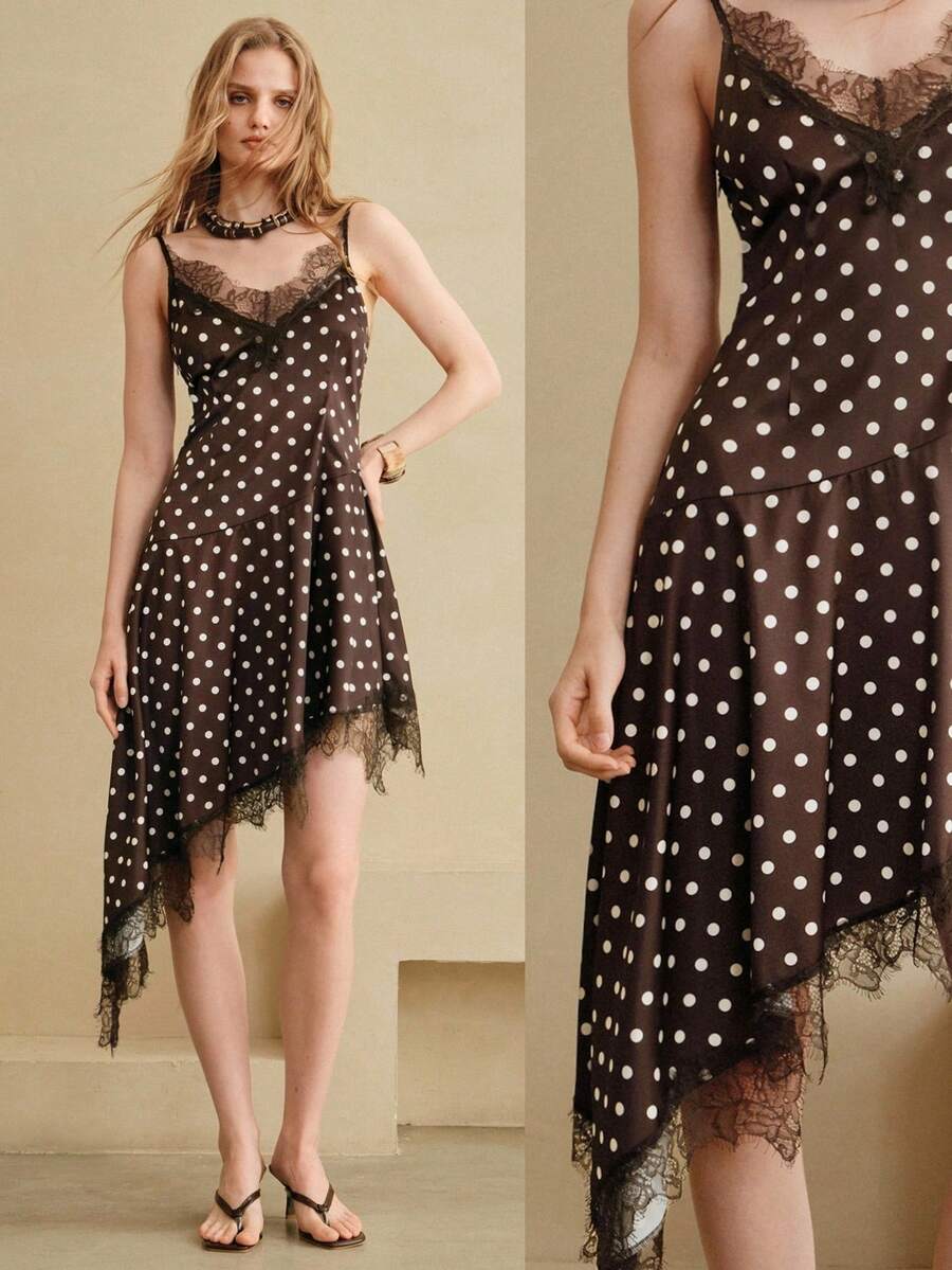 SHEIN Women's Brown And White Polka Dot Lace Patchwork Spaghetti Strap Slip Dress, Elegant French Asymmetrical Hem Summer Party Vacation Brunch Night Out - Chocolate Brown - View 1