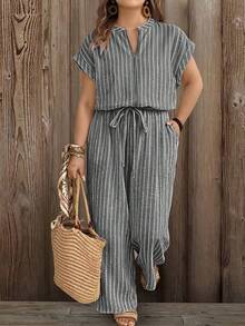 EMERY ROSE Large-Sized Woven Striped Vacation Casual Women's Jumpsuit - Light Grey - View 4