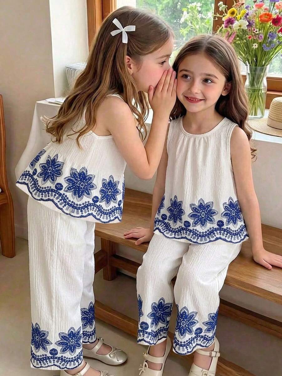 Souflis Souflis 少女夏季黑白簡約優雅風直條紋花卉刺繡無袖上衣與寬腿褲套裝,適合日常出遊、休閒旅遊、校園穿搭、派對活動及拍照穿搭 - 藍色 - 查看 1