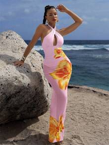 SHEIN Swim 女款花卉印花掛脖式連身泳衣，附配套遮陽裙，粉色與橘色，適合海灘度假，夏季性感 - 粉色 - 查看 3