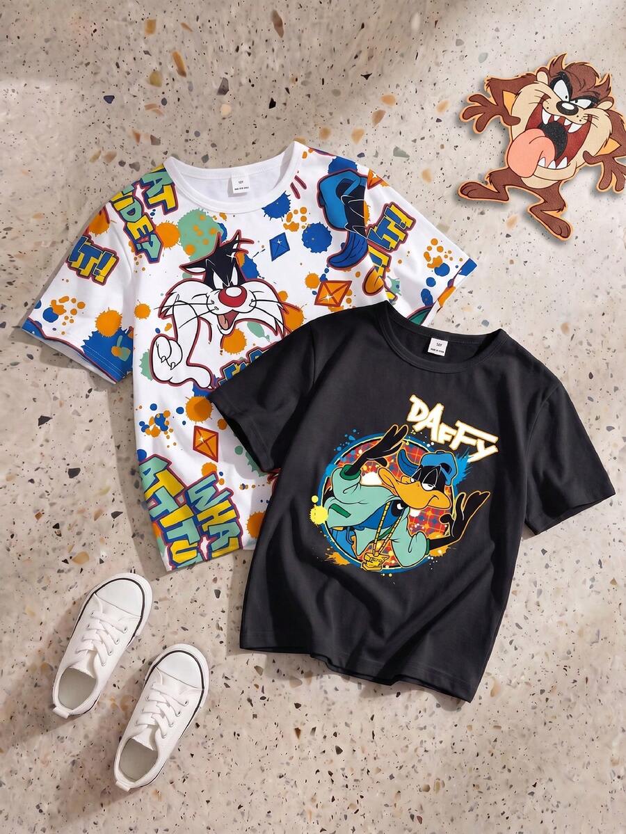 LOONEY TUNES X SHEIN GraphicGems Tween Boy Cool Splatter Cartoon Pattern Print Summer Crew Neck Short Sleeve T-Shirt 2pcs/Pack - Multicolor - View 1