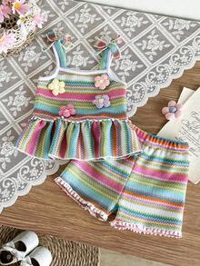 SHEIN 嬰兒/幼童(女孩)黑白針織提花鳳梨圖案吊帶上衣配蝴蝶結&短褲2件組，夏季休閒日常簡單舒適女孩服裝 - 彩色 - 查看 1