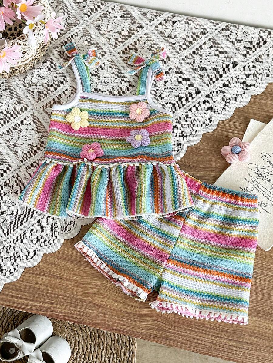 SHEIN 嬰兒/幼童(女孩)黑白針織提花鳳梨圖案吊帶上衣配蝴蝶結&短褲2件組,夏季休閒日常簡單舒適女孩服裝 - 彩色 - 查看 1