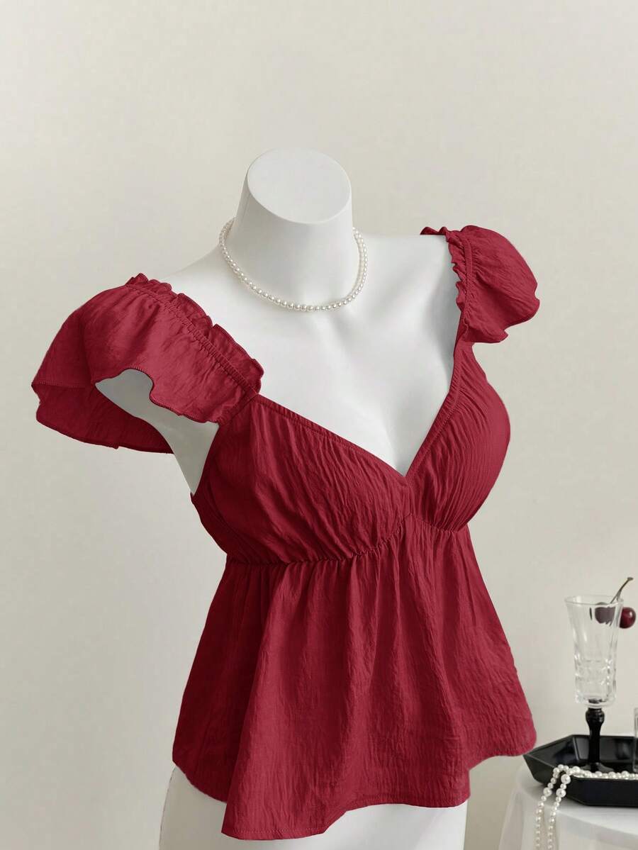Elamini Atasan Camisole Crop Tanpa Lengan dengan Kerah Model Sweet Maid Warna Biru, Seksi, dan Berpotongan V Rendah, Tanpa Punggung, - Burgundy - View 1