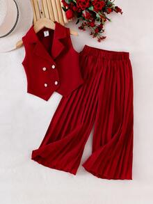 SHEIN Elladie kids 2 件装年轻女孩优雅红色无袖西装背心和阔腿裤套装，正式工作装，端庄时尚 - 酒紅色 - 查看 1