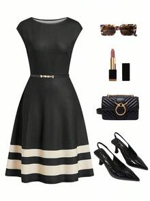 Gownix Striped Print Women's Elegant Solid Black Knit Waist-Cinched A-Line Short Sleeve Mini Dress,Round Neck,Versatile & Comfortable,Summer Office,Tea Party - Black and White - View 1