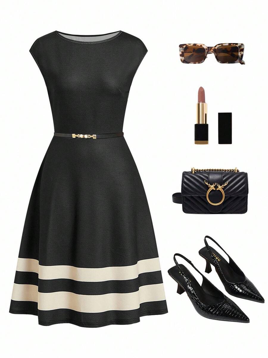 Gownix Striped Print Women's Elegant Solid Black Knit Waist-Cinched A-Line Short Sleeve Mini Dress,Round Neck,Versatile & Comfortable,Summer Office,Tea Party - Black and White - View 1