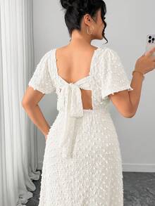Elenzga Plus Size Women Elegant Sexy Backless Bow Tie Strap High Slit Dress, Spring/Summer - Apricot - View 7