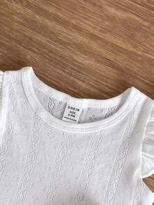 SHEIN Baby Girl Solid Color Round Neck Short Flutter Sleeve T-Shirt And Shorts Casual Set - White - View 4