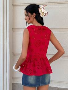 Cévolie Women's Casual Everyday Wear Embroidered Ruffle Hem Blouse - Red - View 2