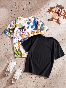 LOONEY TUNES X SHEIN GraphicGems Tween Boy Cool Splatter Cartoon Pattern Print Summer Crew Neck Short Sleeve T-Shirt 2pcs/Pack - Multicolor - View 2