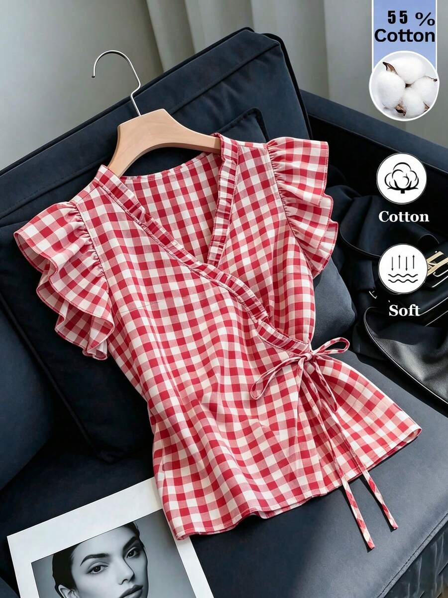 Franclia Blusa de volantes con mangas acampanadas a cuadros rojos estilo casual francés, Blusa cruzada con lazo lateral para mujer, Camisa cruzada de algodón a cuadros con escote en V, Camiseta de tirantes a cuadros de estilo campestre para verano, Camisa de mujer de estilo campestre, Camisa casual de mujer, Camisa de verano de mujer, Camisa roja de mujer, Cárdigan a cuadros con lazo de estilo retro campestre, Blusa cruzada a cuadros con cintura anudada y escote en V, Camisa sin mangas a cuadros rojos con volantes, Camisa a cuadros con mangas acampanadas de estilo dulce francés, Camisa holgada de mujer - Rojo - Ver 1
