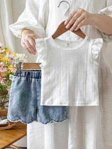 SHEIN Baby Girl Solid Color Round Neck Short Flutter Sleeve T-Shirt And Shorts Casual Set - White - View 7