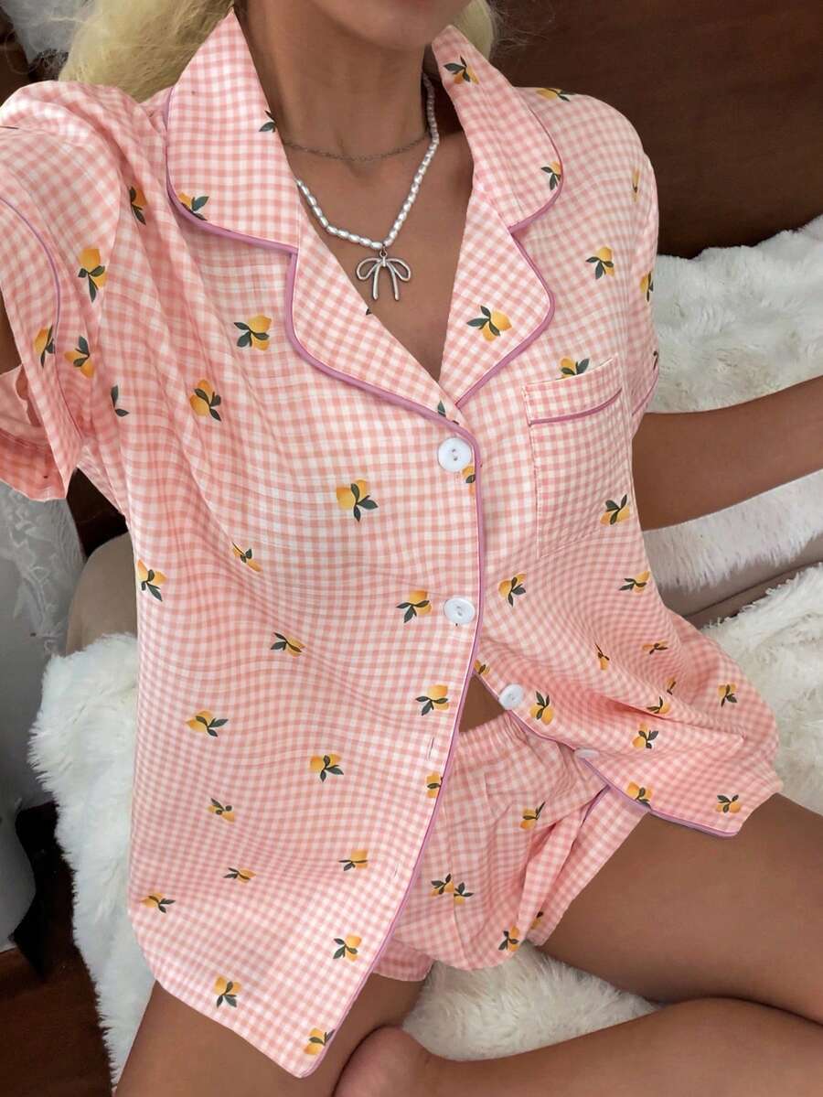 CottageSlumber Women's New Lemon Plaid Print Button-Down Short Sleeve Shorts Pajama Set - Pink - View 1