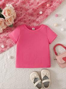 SHEIN Baby Girl Round Neck Solid Tee - Hot Pink - View 1