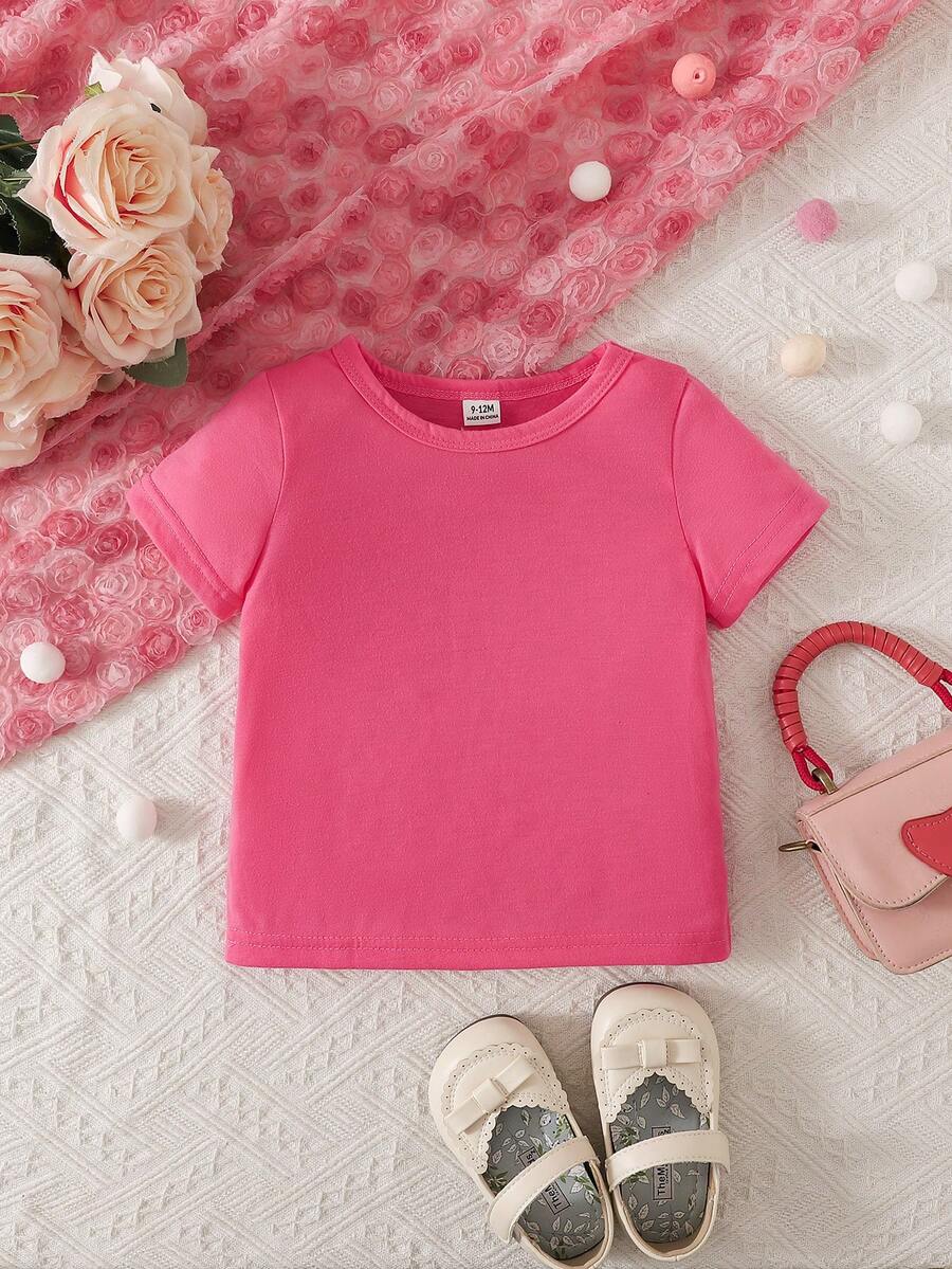 SHEIN Baby Girl Round Neck Solid Tee - Hot Pink - View 1