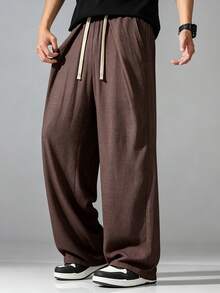VIVINTIMO Men's Solid Color Drawstring Waist Pocket Straight Leg Casual Pants, Holiday - Coffee Brown - View 4