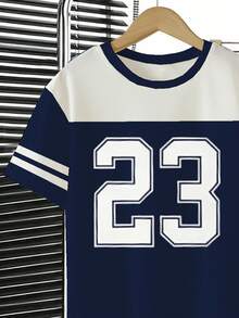 SHEIN 青少年男孩休閒舒適時尚簡約個性化數字23圖案字母口號印花字母圖案休閒風格春夏季短袖T恤與長褲套裝適合戶外運動休閒度假穿著 - 彩色 - 查看 5