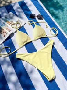 Bonvoyette 2er/Set Damen Strandoutfit, modisches süßes sexy Urlaubs-Seaside-Schwimmbad-Party-Badeanzug in Unifarbe mit Dreieck-Halter-Bikini-Top und Unterteil, rückenfrei mit Bindeband - Hellgelb - Übersicht 2