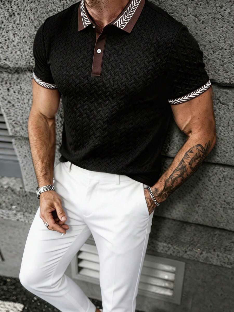 Manfinity Homme Camisa polo clásica de 2 botones con cuello y puños de punto jacquard de unicolor y ribete acanalado para hombres - Negro - Ver 1