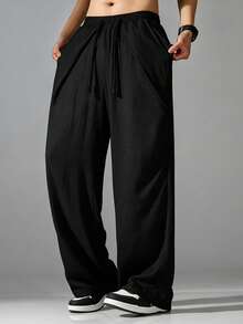 VIVINTIMO Men's Solid Color Drawstring Waist Pocket Straight Leg Casual Pants, Holiday - Black - View 6