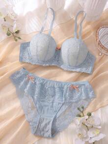 DelicateAllure 2pcs Set Lingerie Bra Balconette Nyaman Berenda Bunga dan Celana Dalam Berenda, Bra Lingerie Cup 1/2 dengan Pita, Biru Muda & Merah Muda, Cocok untuk Liburan - Baby Blue - View 1