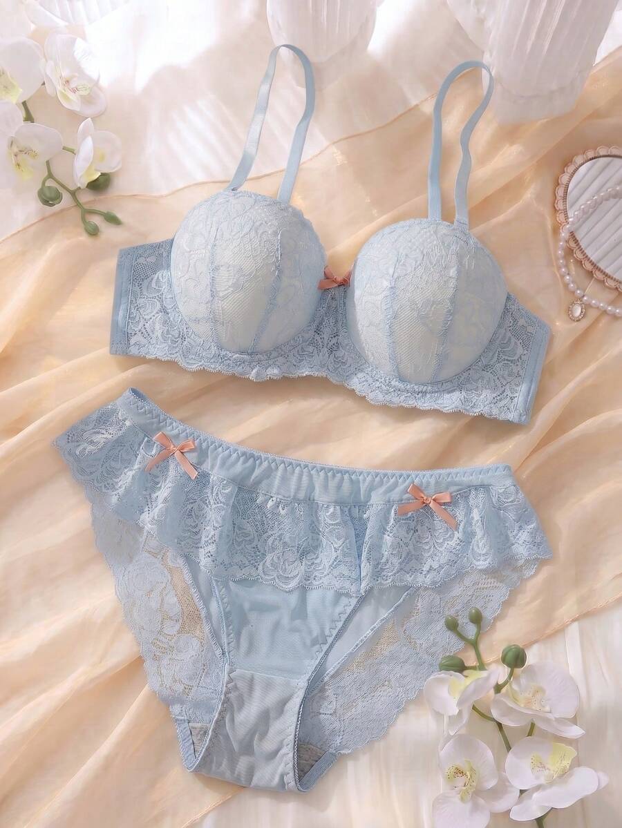 DelicateAllure 2pcs Set Lingerie Bra Balconette Nyaman Berenda Bunga dan Celana Dalam Berenda, Bra Lingerie Cup 1/2 dengan Pita, Biru Muda & Merah Muda, Cocok untuk Liburan - Baby Blue - View 1