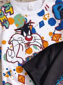 LOONEY TUNES X SHEIN GraphicGems Tween Boy Cool Splatter Cartoon Pattern Print Summer Crew Neck Short Sleeve T-Shirt 2pcs/Pack - Multicolor - View 3