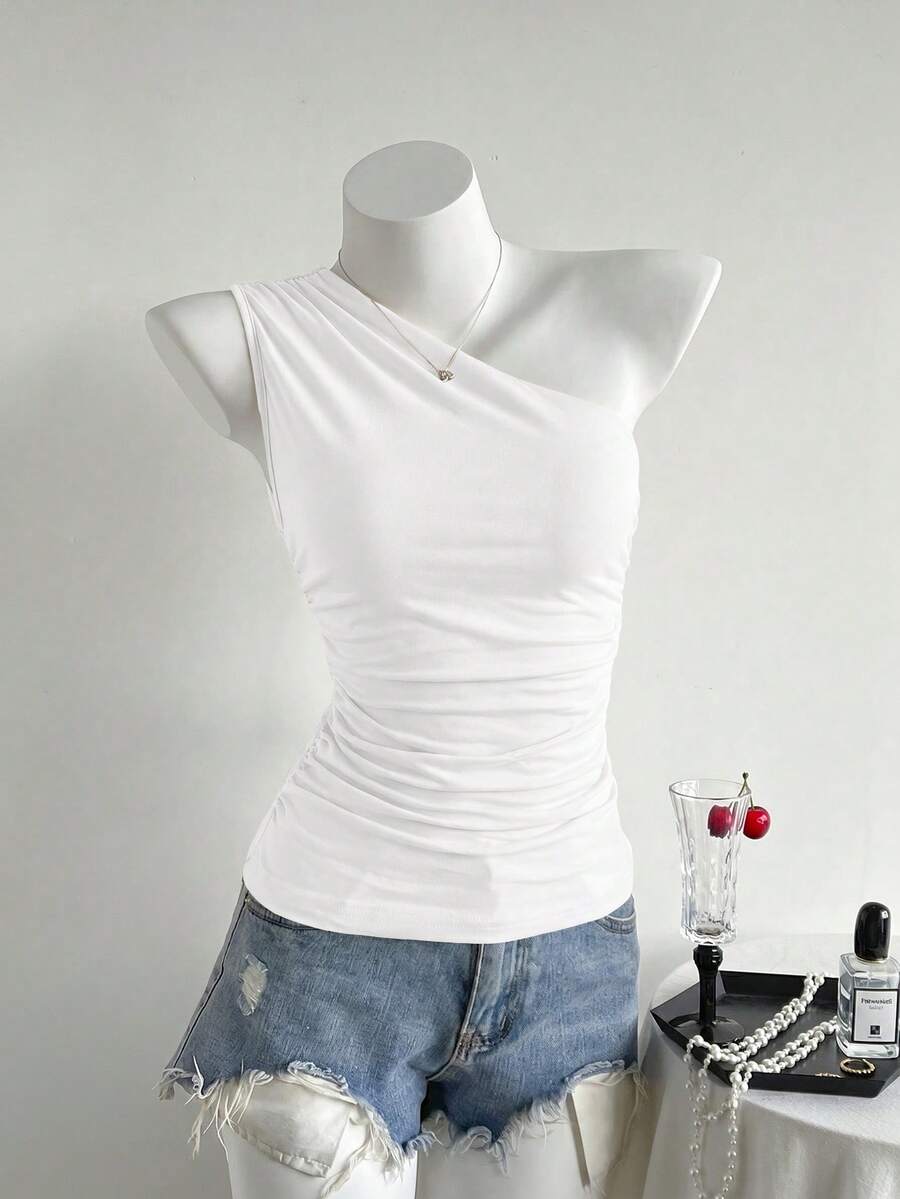 Elamini Apricot Ruched Asymmetrical Neck Tight Fitting Blouse, Fashionable Minimalist Casual Elegant Everyday Commuting Top For Women, Spring/Summer - White - View 1