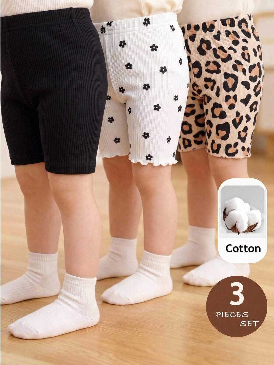 SHEIN 3pcs Baby Girl Knitted Solid Color, Floral & Leopard Print Coordinated Casual Outfit Set - Multicolor - View 1