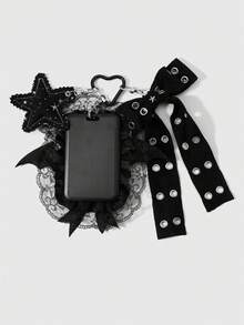 ROMWE Goth 1個Y2k甜酷辣妹重工業個性暗黑風哥德黑白織帶金屬氣孔波點手工蝴蝶結白色仿珍珠布料星星印花立體填充星銀色十字架PVC惡魔蝙蝠翅膀蓬鬆雲朵翅膀鏤空蕾絲網格百褶蕾絲黑色壓克力卡套校園卡ID卡套星卡套工業卡套DIY愛心鑰匙圈包包吊飾，適合上班族、學生、派對情侶、姐妹、女友、女孩 - 黑白色-17 - 查看 8