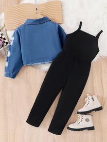 SHEIN Elladie kids 2件組少女休閒日常穿搭套裝，破洞設計鈕扣長袖上衣搭配簡約直筒長褲，秋季款 - 黑色 - 查看 2