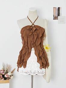 Elamini Top sin mangas bohemio de gasa con diseño de aro de resina - Marrón - Ver 7