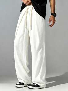 VIVINTIMO Men's Solid Color Drawstring Waist Pocket Straight Leg Casual Pants, Holiday - White - View 8