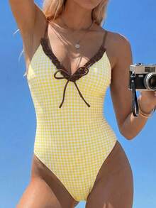 Swim Mod Maillot de bain une pièce pour femme, style vacances plage décontracté, patchwork rétro imprimé marron, col en V + bordure à volants, bretelles spaghetti, dos ouvert, design à nouer devant, idéal pour le sport & la plage, les vacances de printemps & la saison estivale. Maillot de bain 2026. Maillot de bain style français. Maillot de bain été européen. Tenue d'été - Multicolore - Voir 5