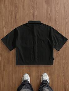 ESTAVOR Men's Casual Loose Fit Short Sleeve Woven Shirt Men Street Wear Shirt Men Boxy Cropped Shirt Men Black Shirt Drop Shoulder Shirt Men Streetwear Button Up Men Black Short Sleeve Shirt Men Streetwear Shirt - Black - View 3